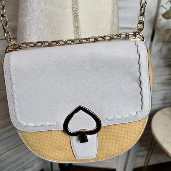 KATE SPADE Robyn Medium Chain Saddle Bag White Dove Leather Straw Nightcap - Picture 12 of 13